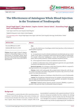 The Effectiveness of Autologous Whole Blood Injection in the Treatment of Tendinopathy