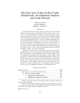 The First Year of Say-On-Pay Under Dodd-Frank: an Empirical Analysis and Look Forward