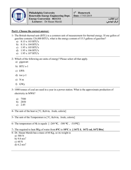 Philadelphia University 1 Homework Date: 17/03/2019 Renewable Energy Engineering Dept. اسم الطالب: Energy Conversion 0