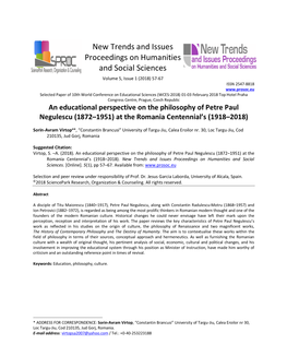 An Educational Perspective on the Philosophy of Petre Paul Negulescu (1872–1951) at the Romania Centennial’S (1918–2018)
