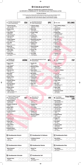 Stimmzettel Wahl Zum Kreistag Des Landkreises Rostock Am 25.05.2014 Im Wahlbereich 12 – Amt Güstrow-Land / Amt Krakow Am See