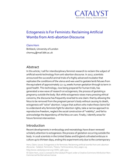 Ectogenesis Is for Feminists: Reclaiming Artificial Wombs from Anti-Abortion Discourse