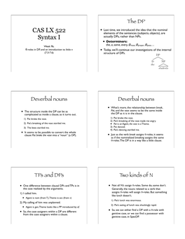 DP • Last Time, We Introduced the Idea That the Nominal CAS LX 522 Elements of the Sentences (Subjects, Objects), Are Syntax I Actually Dps, Rather Than Nps