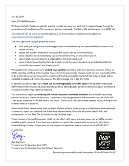 Jan. 30, 2019 Dear JCPS SBDM Member, We Hope This Letter Finds