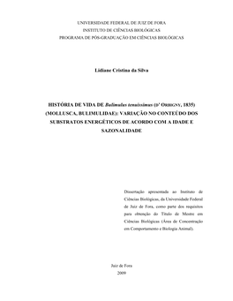 Lidiane Cristina Da Silva HISTÓRIA DE VIDA DE Bulimulus Tenuissimus