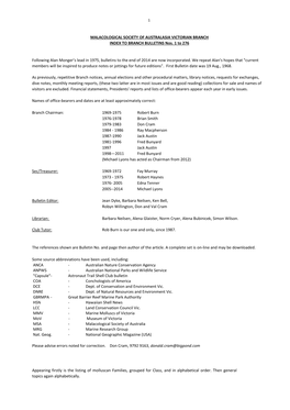 MALACOLOGICAL SOCIETY of AUSTRALASIA VICTORIAN BRANCH INDEX to BRANCH BULLETINS Nos. 1 to 276 Following Alan Monger's Lead In