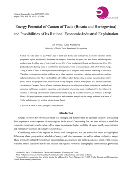 Energy Potential of Canton of Tuzla (Bosnia and Herzegovina) and Possibilities of Its Rational Economic-Industrial Exploitation