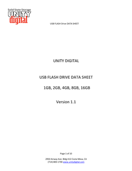 Unity Digital Usb Flash Drive Data Sheet 1Gb, 2Gb, 4Gb, 8Gb