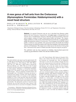 A New Genus of Hell Ants from the Cretaceous (Hymenoptera: Formicidae: Haidomyrmecini) with a Novel Head Structure