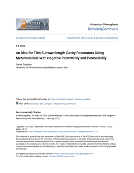 An Idea for Thin Subwavelength Cavity Resonators Using Metamaterials with Negative Permittivity and Permeability