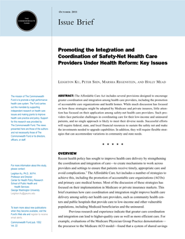 Promoting the Integration and Coordination of Safety-Net Health Care Providers Under Health Reform: Key Issues