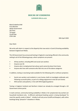 Letter to First Minister Re Testing