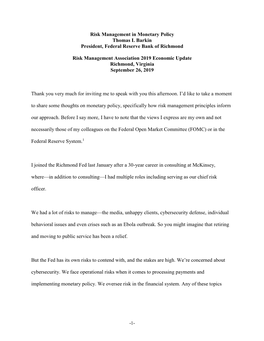 Risk Management in Monetary Policy Thomas I. Barkin President, Federal Reserve Bank of Richmond