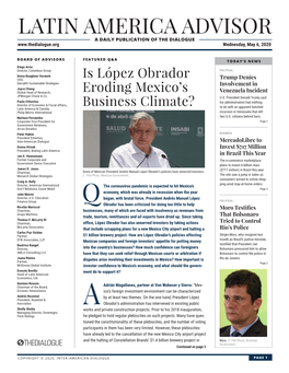 LATIN AMERICA ADVISOR a DAILY PUBLICATION of the DIALOGUE Wednesday, May 6, 2020