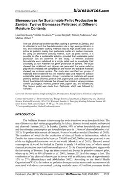 Bioresources for Sustainable Pellet Production in Zambia: Twelve Biomasses Pelletized at Different Moisture Contents