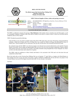 HEEL and TOE ONLINE the Official Organ of the Victorian Race Walking Club 2020/2021 Number 04 Monday 26 October 2020 VRWC Prefer