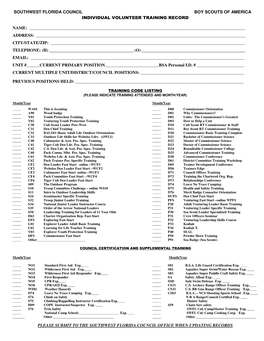 Southwest Florida Council Boy Scouts of America Individual Volunteer Training Record