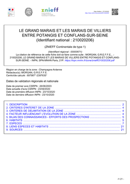 LE GRAND MARAIS ET LES MARAIS DE VILLIERS ENTRE POTANGIS ET CONFLANS-SUR-SEINE (Identifiant National : 210020206)