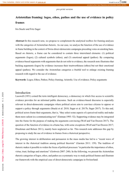 Logos, Ethos, Pathos and the Use of Evidence in Policy Frames Introduction