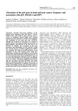 Alterations of the P16 Gene in Head and Neck Cancer: Frequency and Association with P53, PRAD-1 and HPV