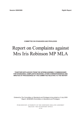 Report on Complaints Against Mrs Iris Robinson MP MLA