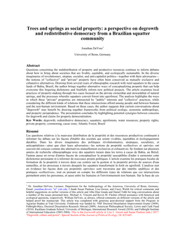 Trees and Springs As Social Property: a Perspective on Degrowth and Redistributive Democracy from a Brazilian Squatter Community