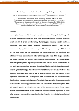 The Timing of Transcriptional Regulation in Synthetic Gene Circuits Yu-Yu