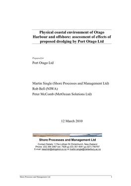 Physical Coastal Environment of Otago Harbour and Offshore: Assessment of Effects of Proposed Dredging by Port Otago Ltd