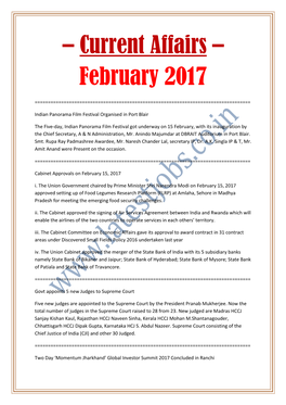 Current Affairs – February 2017