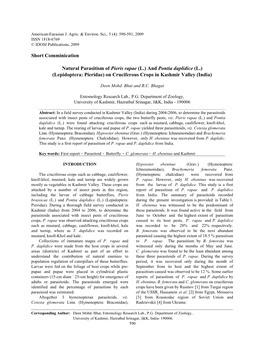 Short Comminication Natural Parasitism of Pieris Rapae (L.) and Pontia Daplidice (L.) (Lepidoptera: Pieridae) on Cruciferous