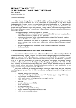 THE COUNTRY STRATEGY of the INTERNATIONAL INVESTMENT BANK for Romania Moscow, December 2013