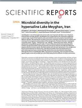 Microbial Diversity in the Hypersaline Lake Meyghan, Iran Ali Naghoni1, Giti Emtiazi1, Mohammad Ali Amoozegar2,3, Mariana Silvia Cretoiu4,5, Lucas J