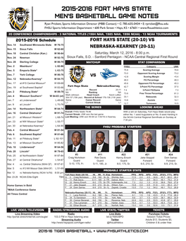 2O15-2O16 Fort Hays State Men's Basketball Game Notes