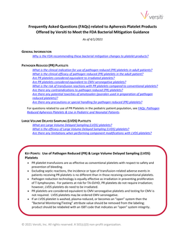 Apheresis Platelet Products Offered by Versiti to Meet the FDA Bacterial Mitigation Guidance