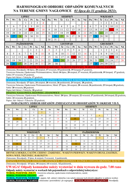 HARMONOGRAM ODBIORU ODPADÓW KOMUNALNYCH NA TERENIE GMINY NAGŁOWICE 01 Lipca Do 31 Grudnia 2021R