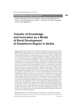 Transfer of Knowledge and Innovation As a Model of Rural Development of Smederevo Region in Serbia