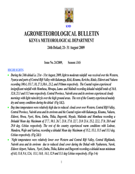 AGROMETEOROLOGICAL BULLETIN KENYA METEOROLOGICAL DEPARTMENT 24Th Dekad; 21- 31 August 2009