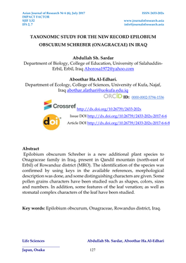 TAXONOMIC STUDY for the NEW RECORD EPILOBIUM OBSCURUM SCHREBER (ONAGRACEAE) in IRAQ Abdullah Sh. Sardar Department of Biology, C