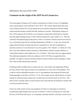 Comment on the Origin of the 2019 Novel Coronavirus