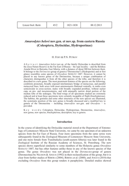 Amurodytes Belovi Nov.Gen. Et Nov.Sp. from Eastern Russia (Coleoptera, Dytiscidae, Hydroporinae)
