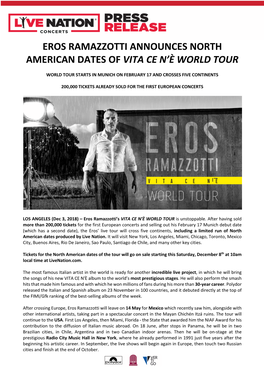 Eros Ramazzotti Announces North American Dates of Vita Ce N'è World