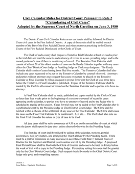 Civil Calendar Rules for District Court Pursuant to Rule 2 “Calendaring of Civil Cases” Adopted by the Supreme Court of North Carolina on June 3, 1980