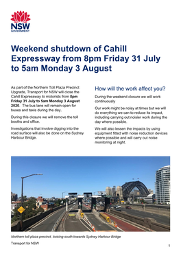 Weekend Shutdown of Cahill Expressway from 8Pm Friday 31 July to 5Am Monday 3 August