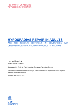 Hypospadias Repair in Adults Are the Results Different in Comparison with Children? Identification of Prognostic Factors