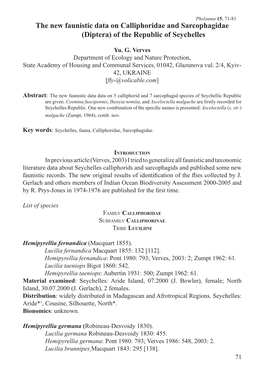 The New Faunistic Data on Calliphoridae and Sarcophagidae (Diptera) of the Republic of Seychelles