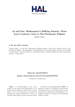 Shakespeare's Shifting Sonnets. from Love's Labour's Lost to The