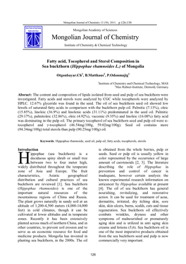 Fatty Acid, Tocopherol and Sterol Composition in Sea Buckthorn (Hippophae Rhamnoides L.) of Mongolia