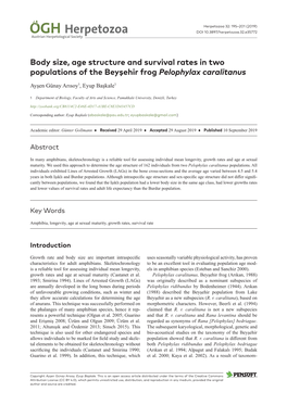 ﻿Body Size, Age Structure and Survival Rates in Two Populations of the Beyşehir Frog Pelophylax Caralitanus