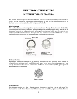 Embryology Lecture Notes -3 Different Types of Blastula