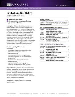 Global Studies (GLS) Division of Social Sciences N Minor: 24 Credit Hours GLOBAL STUDIES N All Courses Must Be Completed with a MINOR REQUIREMENTS 24 Crs